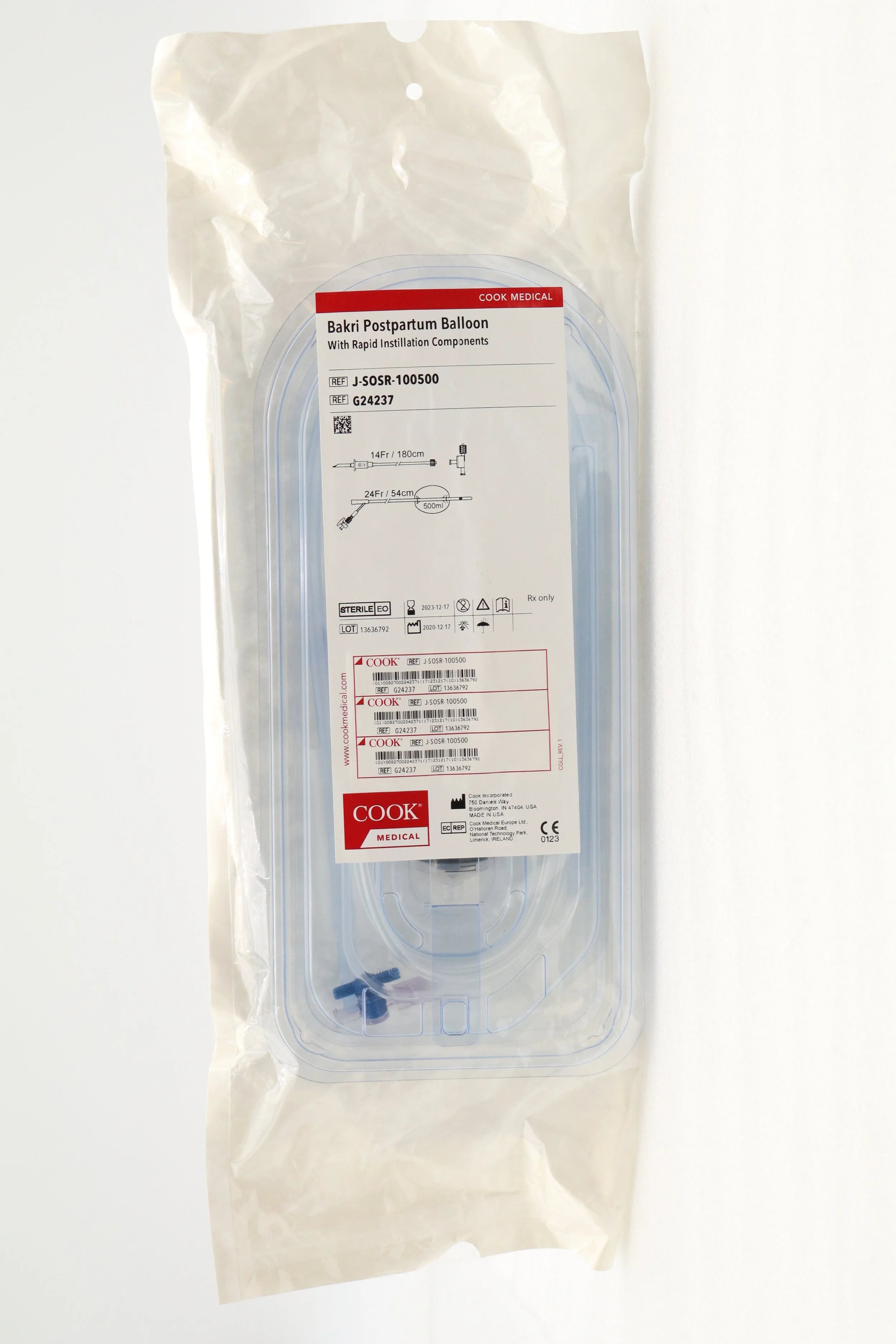 Cook Medical | G24237 | BAKRI POSTPARTUM BALLOON WITH RAPID INSTILLATION COMPONENTS, 14FR/180CM, 24FR/54CM, 500ML (J-S0SR-100500)