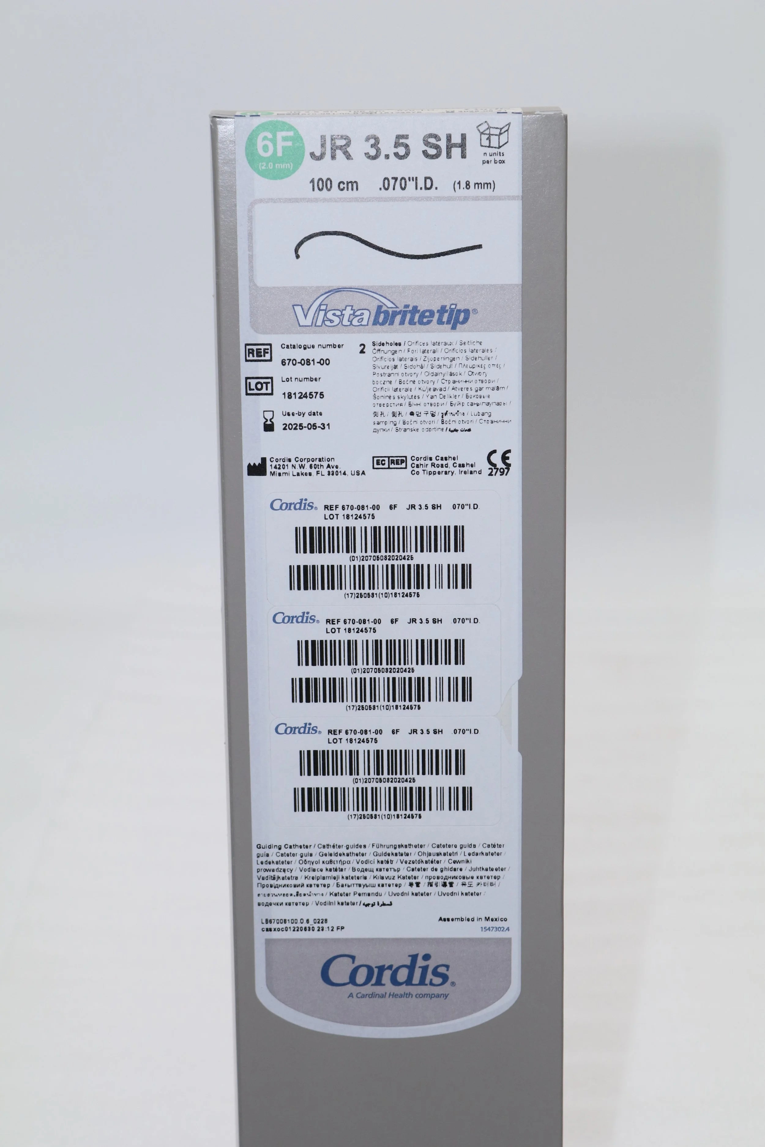 CORDIS | 670-081-00 | Vista BriteTip 6F Guiding Catheter: 100cm, JR3.5 SH