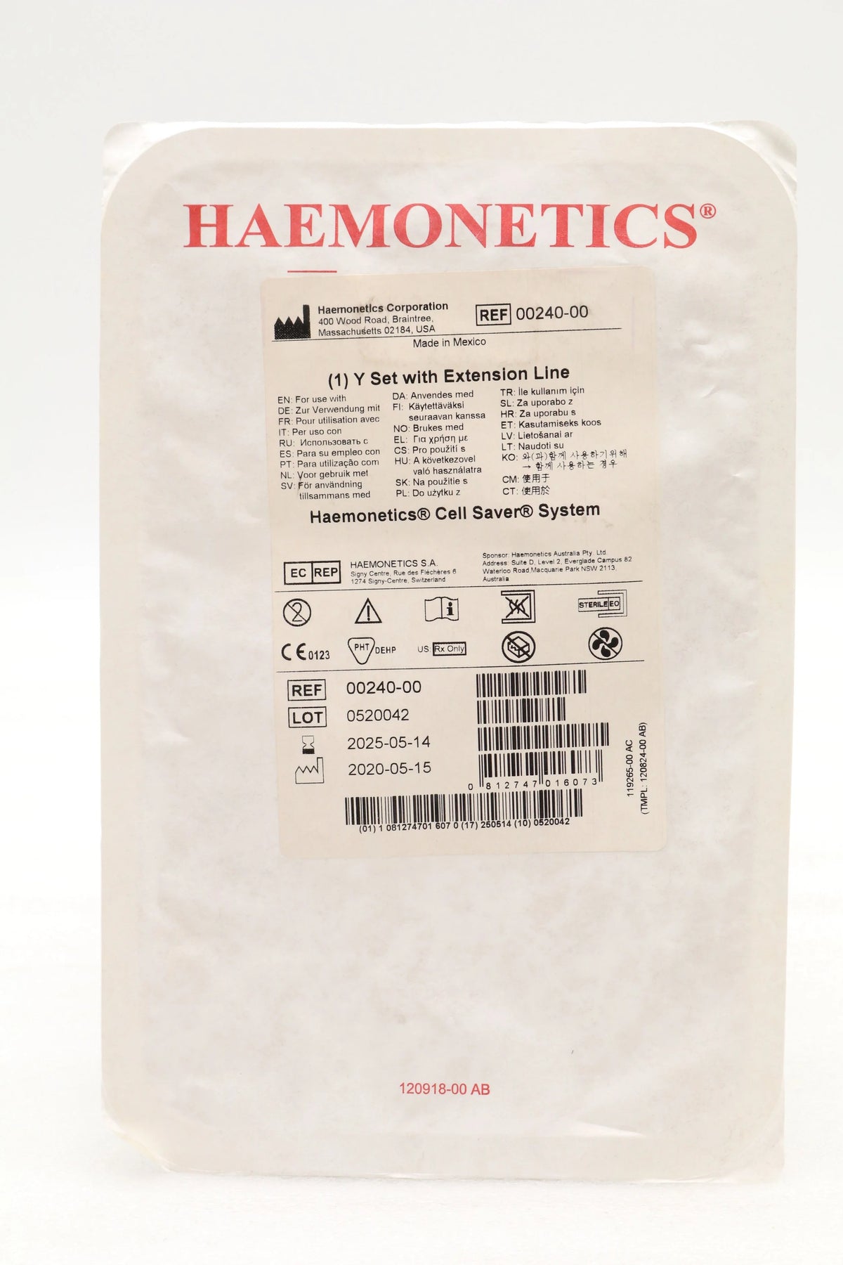 Haemonetics Extension Set Haemonetics | 00240-00 | CELL SAVER SYSTEM, Y SET WITH EXTENSION LINE ...