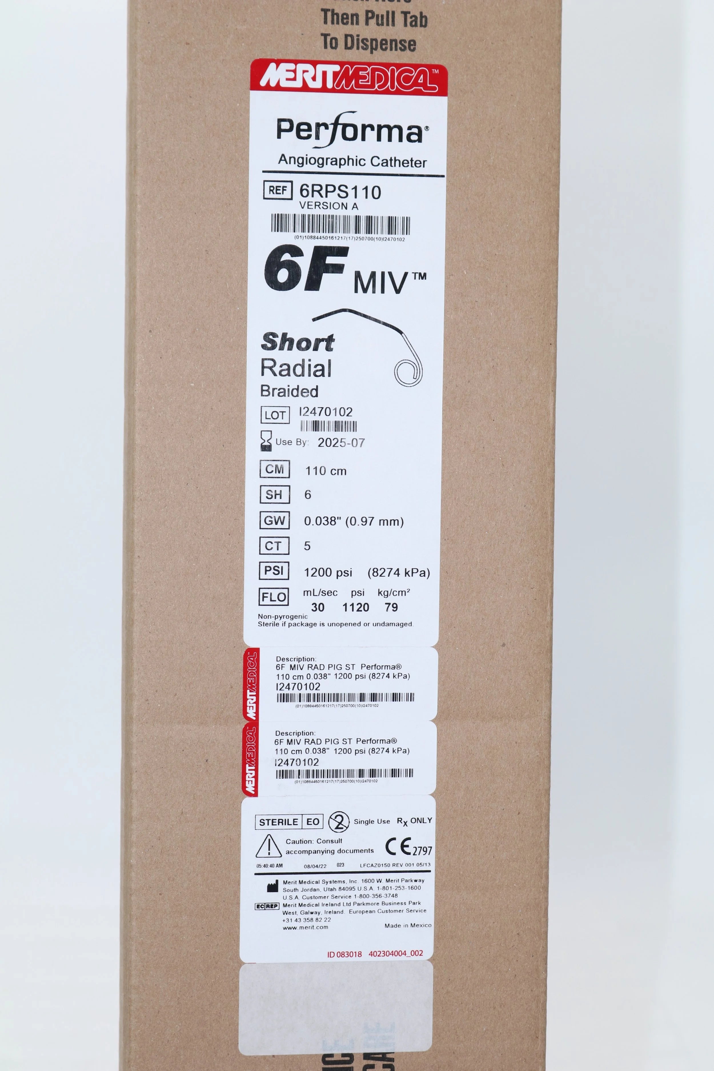 Merit Medical | 6RPS110 | 6F MIV SHORT RADIAL BRAIDED ANGIOGRAPHIC CATHETER