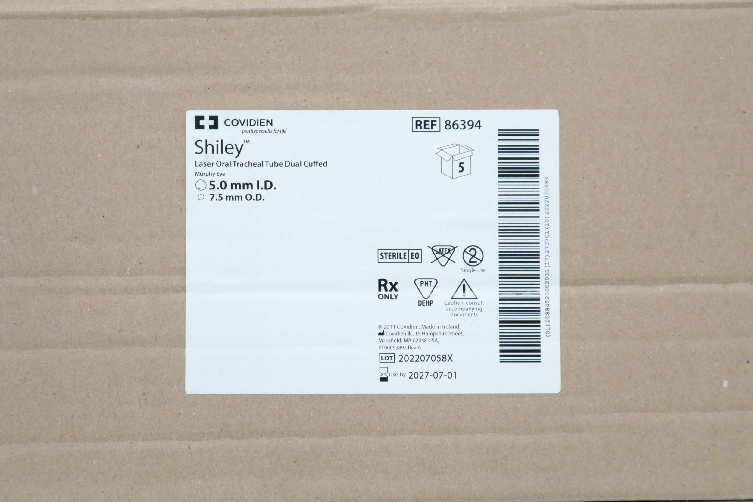 Covidien | 86394 | Shiley Laser Oral Tracheal Tube Dual Cuffed Murphy Eye 5.0mm I.D. 7.5mm O.D.