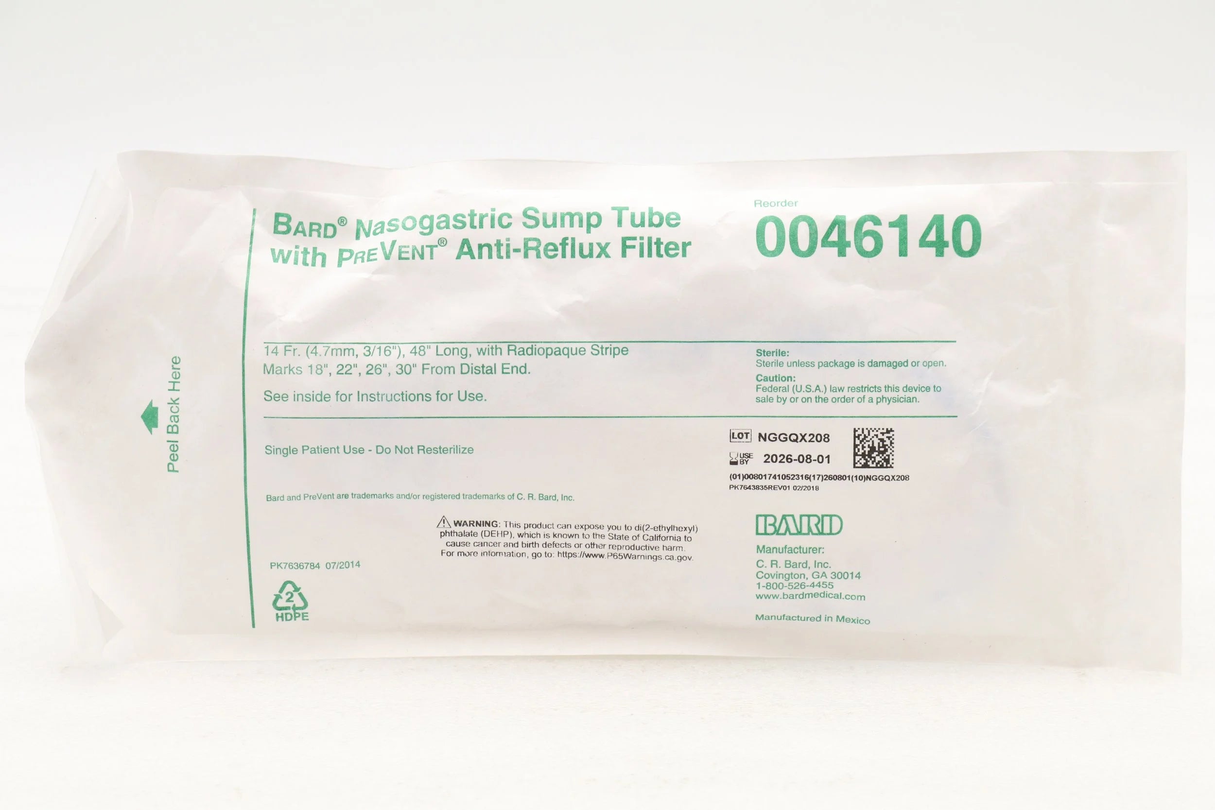 Bard | 0046140 | Nasogastric Tubes - Nasogastric Tube, with Prevent Anti-Reflux Filter 14 Fr