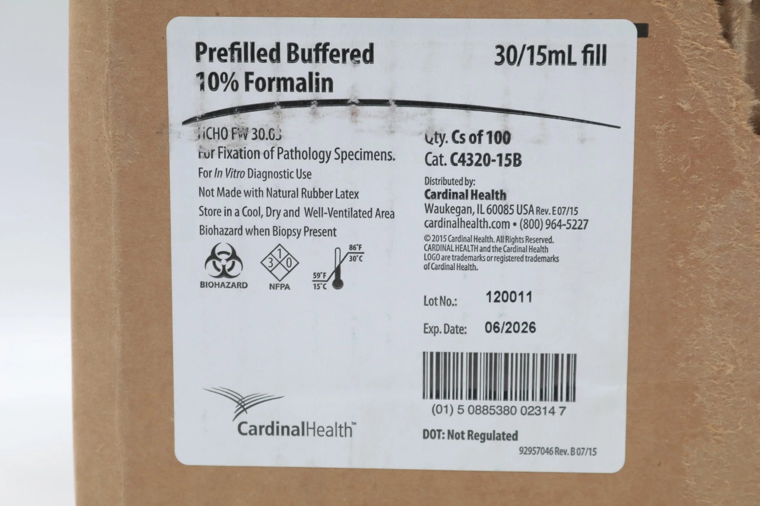 Cardinal Health | C4320-15B | Prefilled Buffered 10% Formalin 30mL Containers 15mL Fill