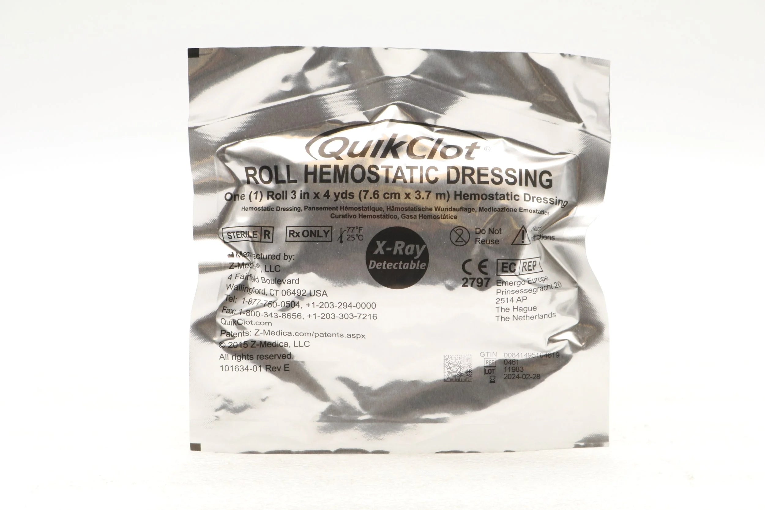 Z-Medica | 0461 | QuikClot Interventional Hemostatic Bandage - DRESSING, QUIKCLOT, HEMOSTATC, 3 IN X 4