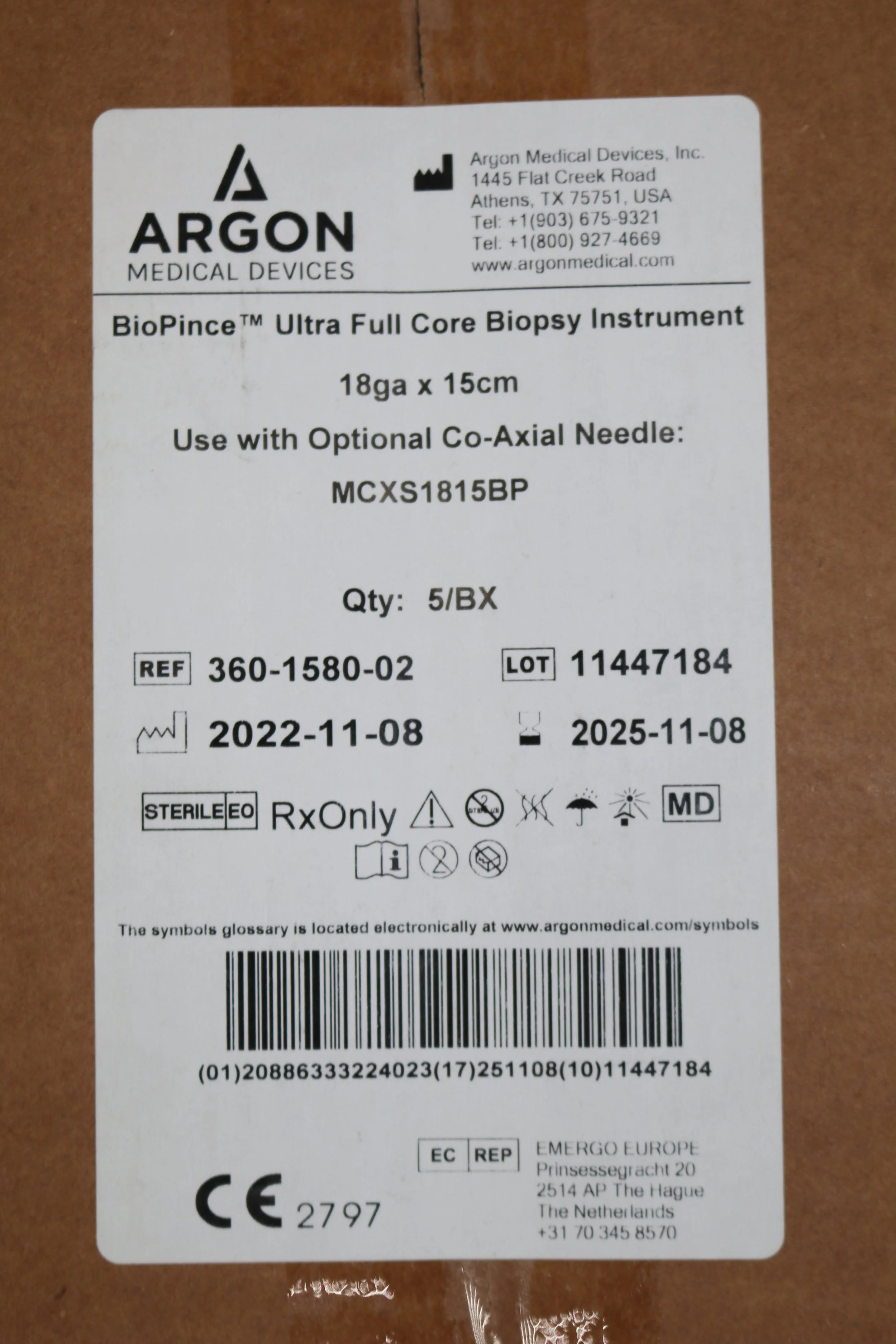 Argon Medical Devices | 360-1580-02 | BioPince Ultra FUll Core Biopsy Instrument 18ga x 15cm