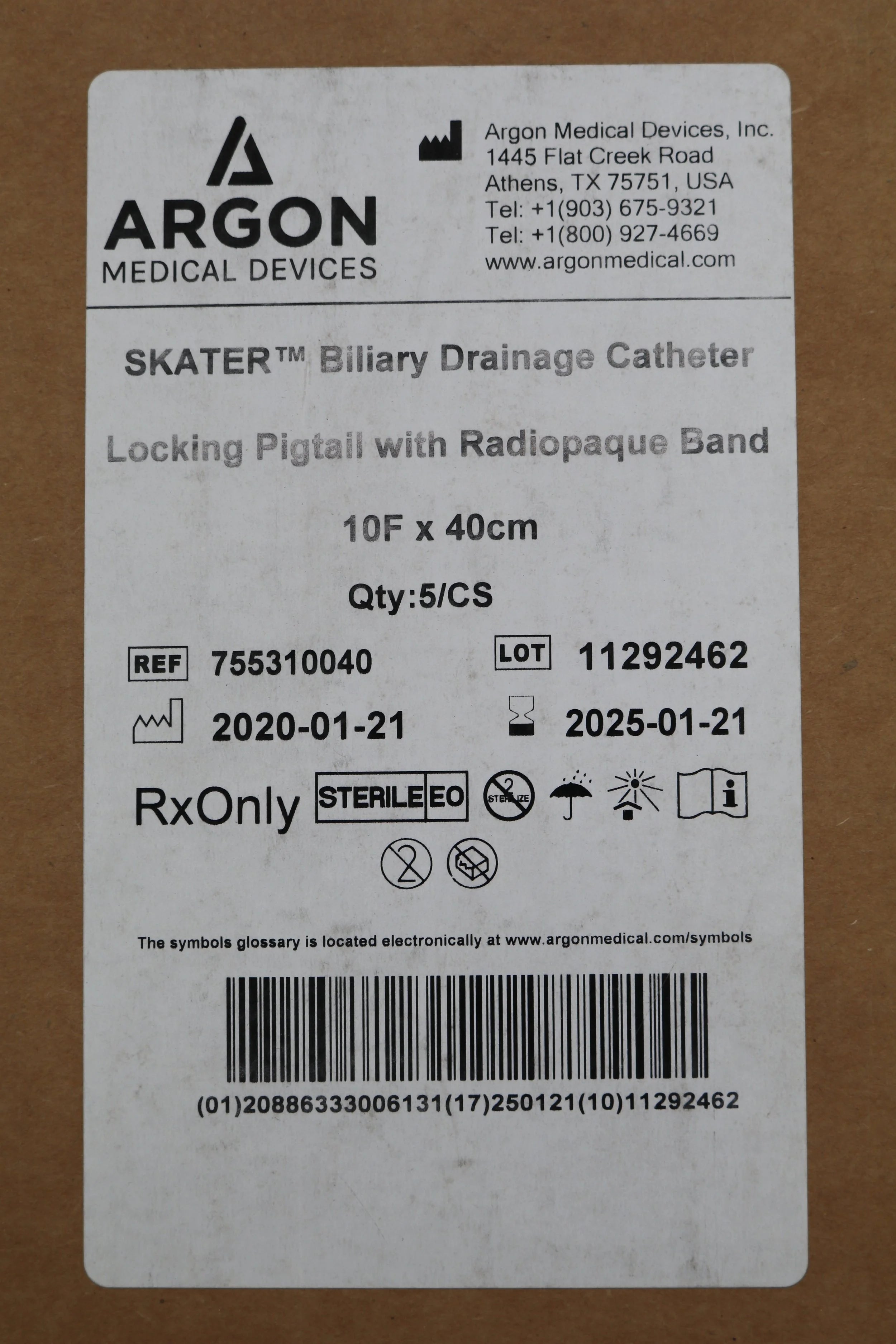 Argon Medical Devices | 755310040 | Skater Biliary Drainage Catheter Locking Pigtail with Radiopaque Band 10F x 40cm