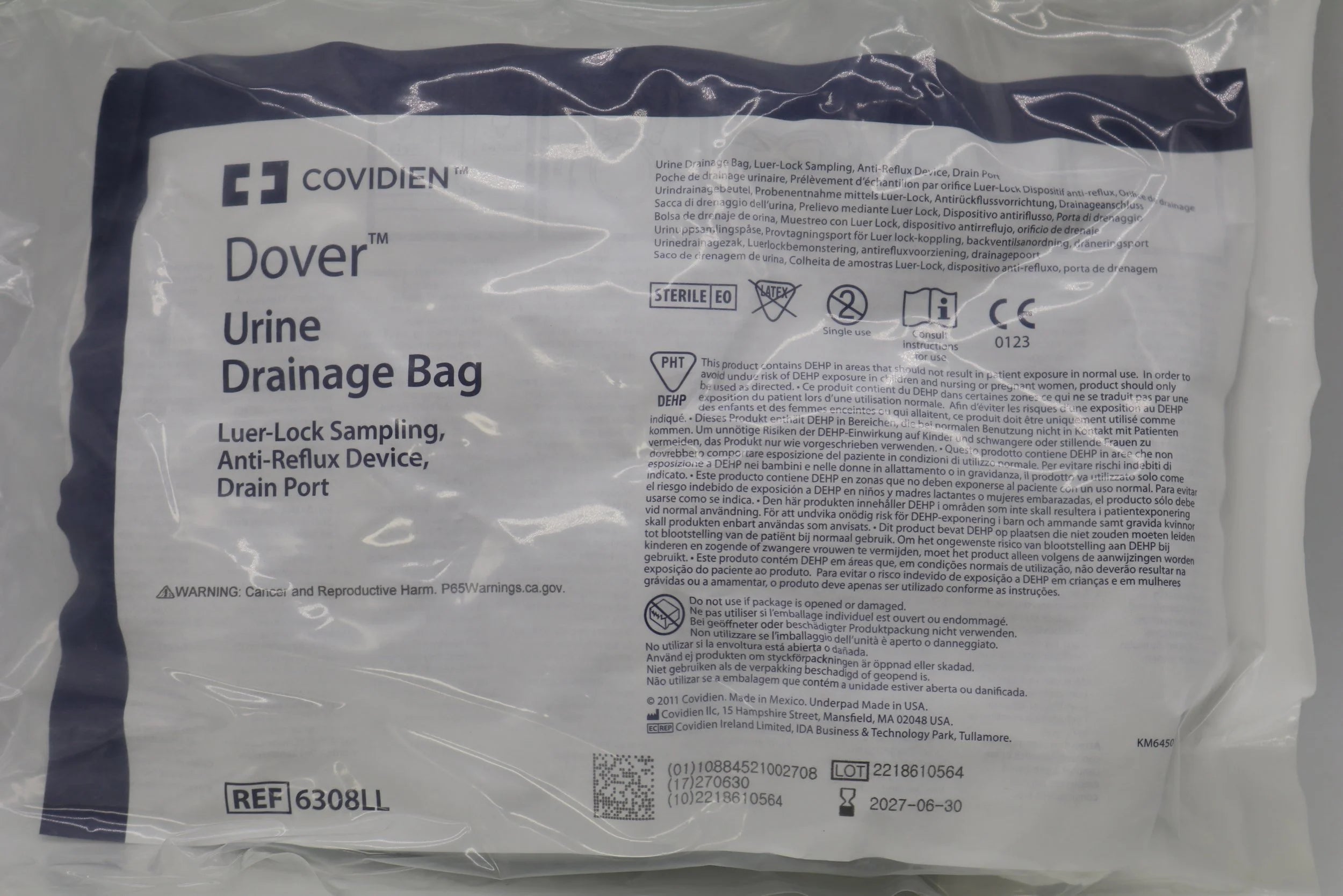Covidien | 6308LL | Dover Urine Drainage Bag, Luer-Lock Sampling, Anti-Reflux Device, Drain Port