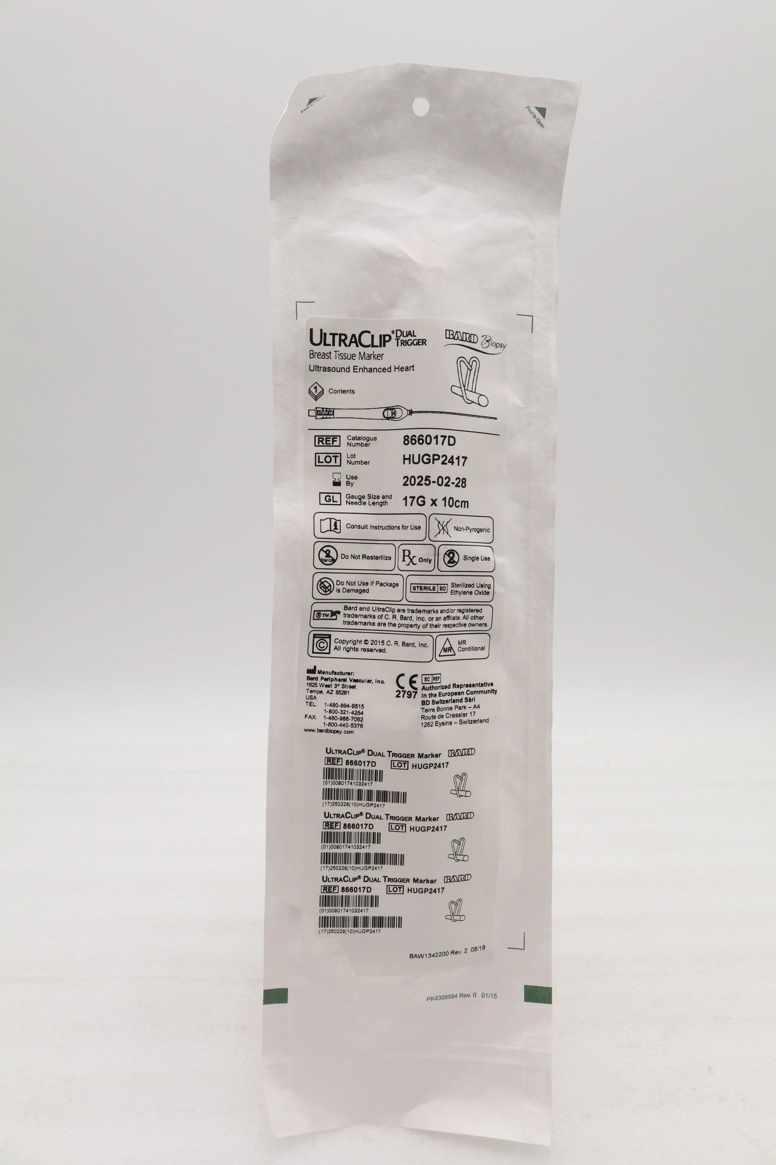 Bard | 866017D | UltraClip Dual Trigger Breast Tissue Markers - Breast Tissue Marker, 17G x 10 cm, Titanium