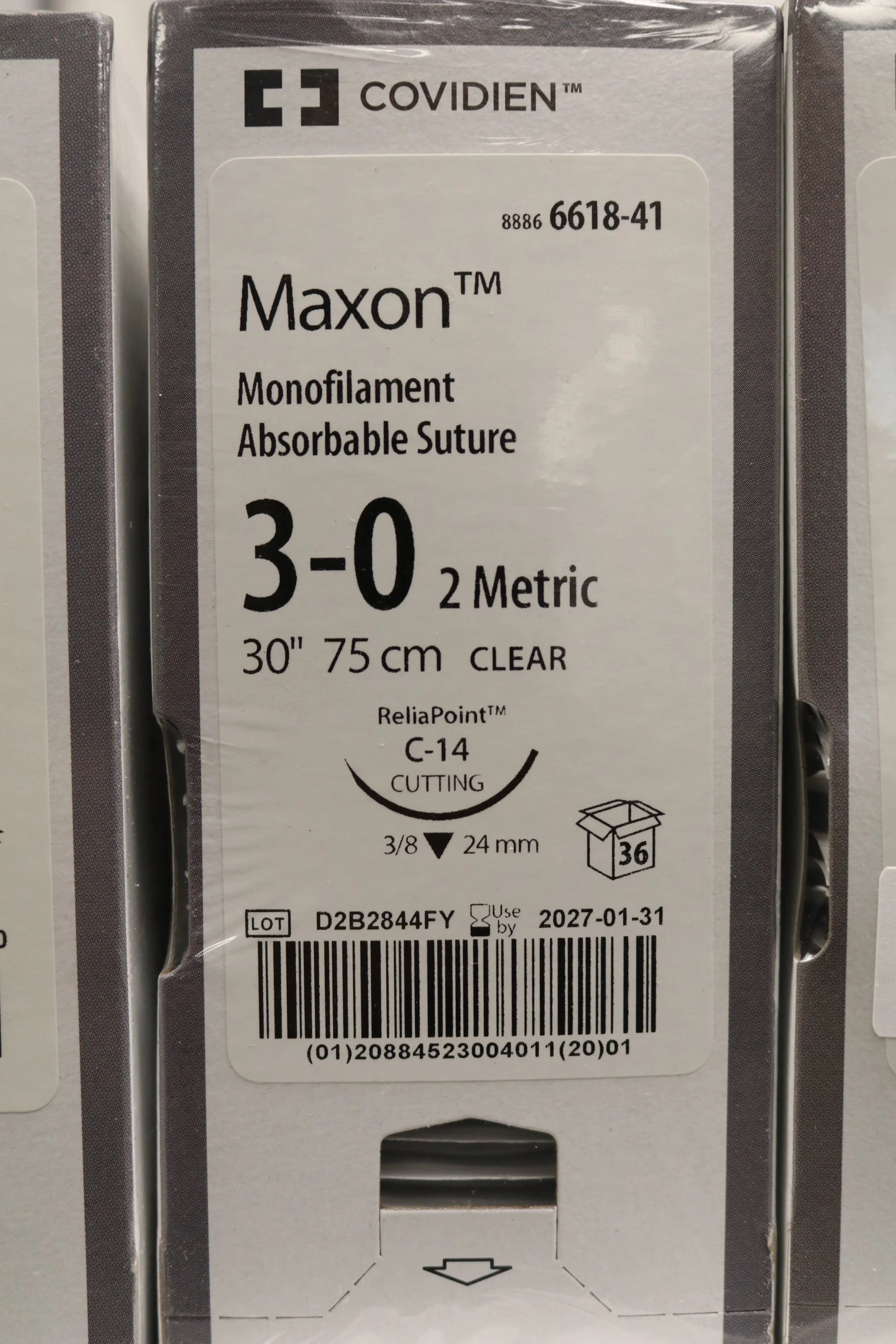 Covidien | 6618-41 | Suture, Size 3-0, 75 cm Length, Clear, Polyglyconate, Monofilament, 3/8 Circle, 24 mm Needle Length, C-14 Needle