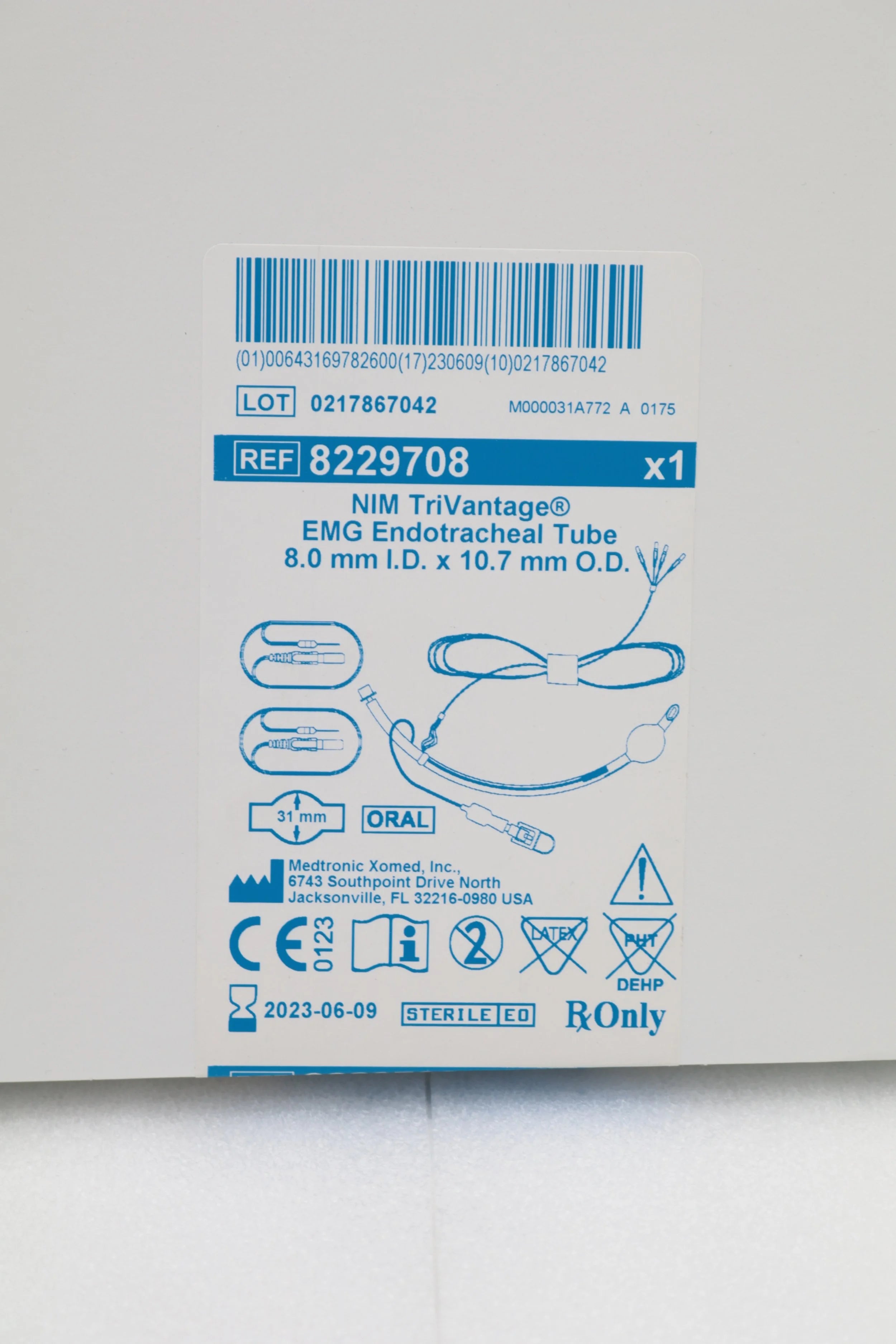 Medtronic | 8229708 | NIM TriVantage EMG Endotracheal Tube 8.0mm ID x 10.7 mm OD Oral