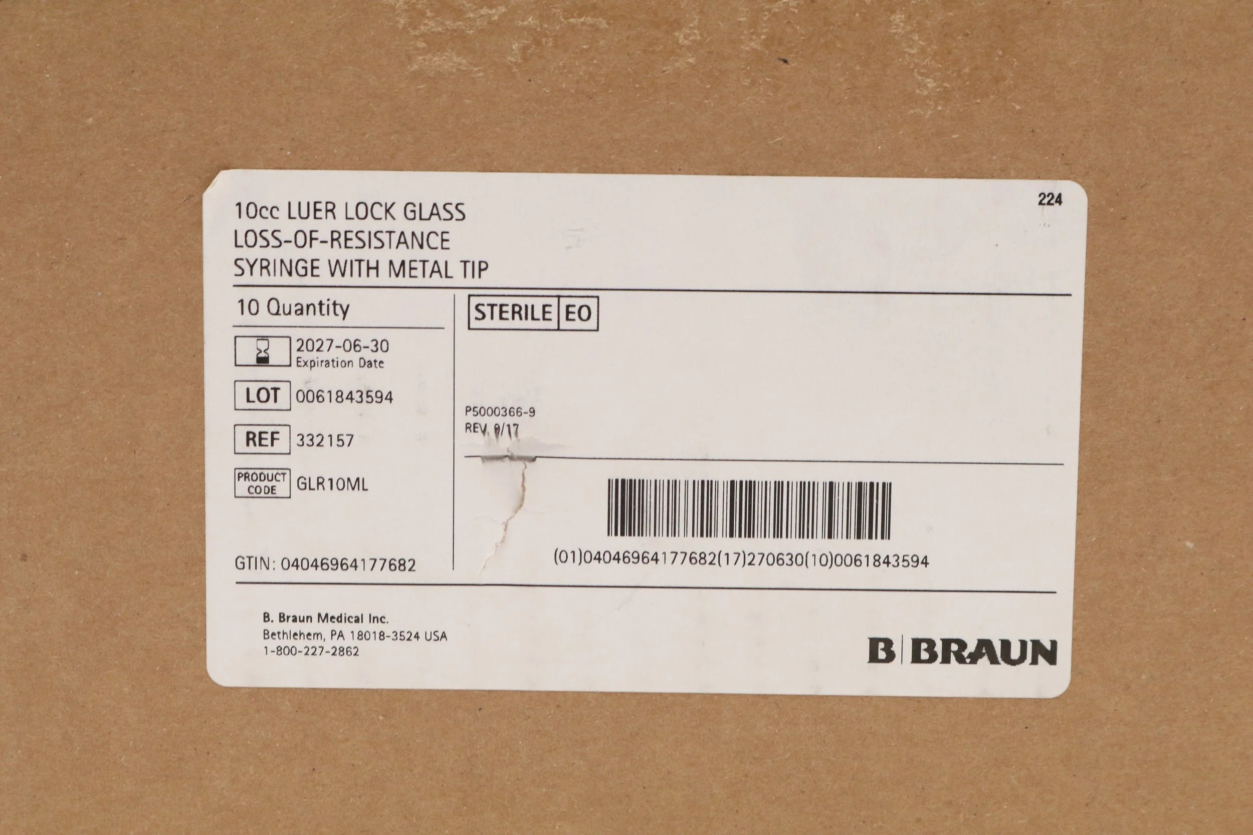 B Braun | 332157 | Medical Glass Loss-of-Resistance Syringes 10 cc