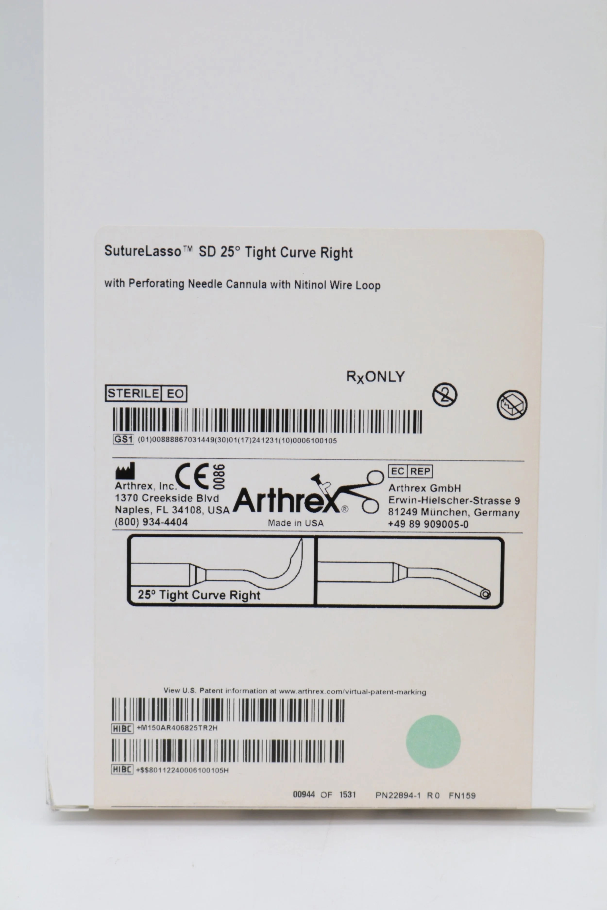 Arthrex | AR-4068-25TR | SutureLasso SD 25° Tight Curve Right with Perforating Needle Cannula with Nitinol Wire Loop (NO BOX)