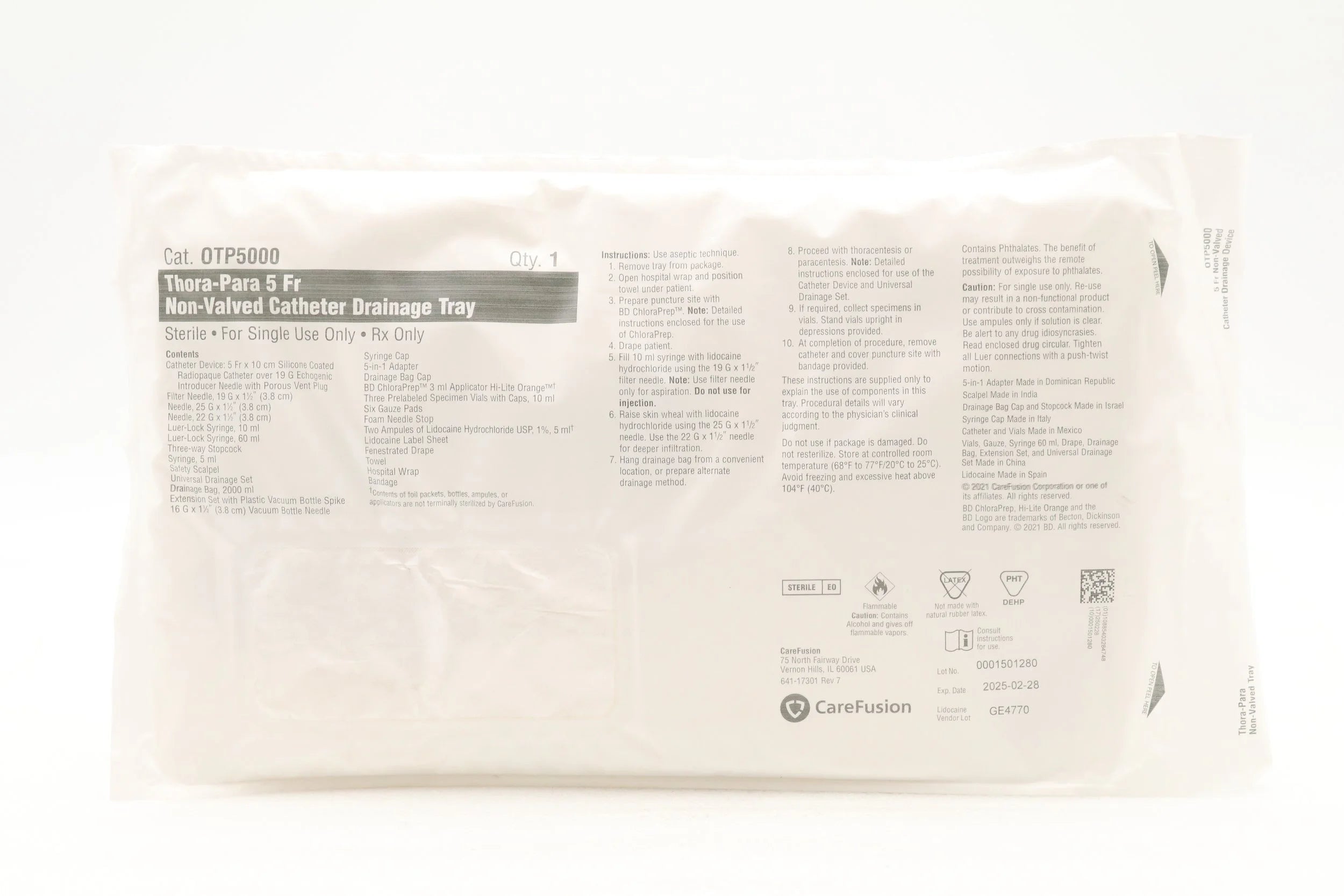 BD | OTP5000 | CareFusion ThoraPara Trays Sets - Thora-Para Nonvalved Catheter Drainage Tray, 5 Fr