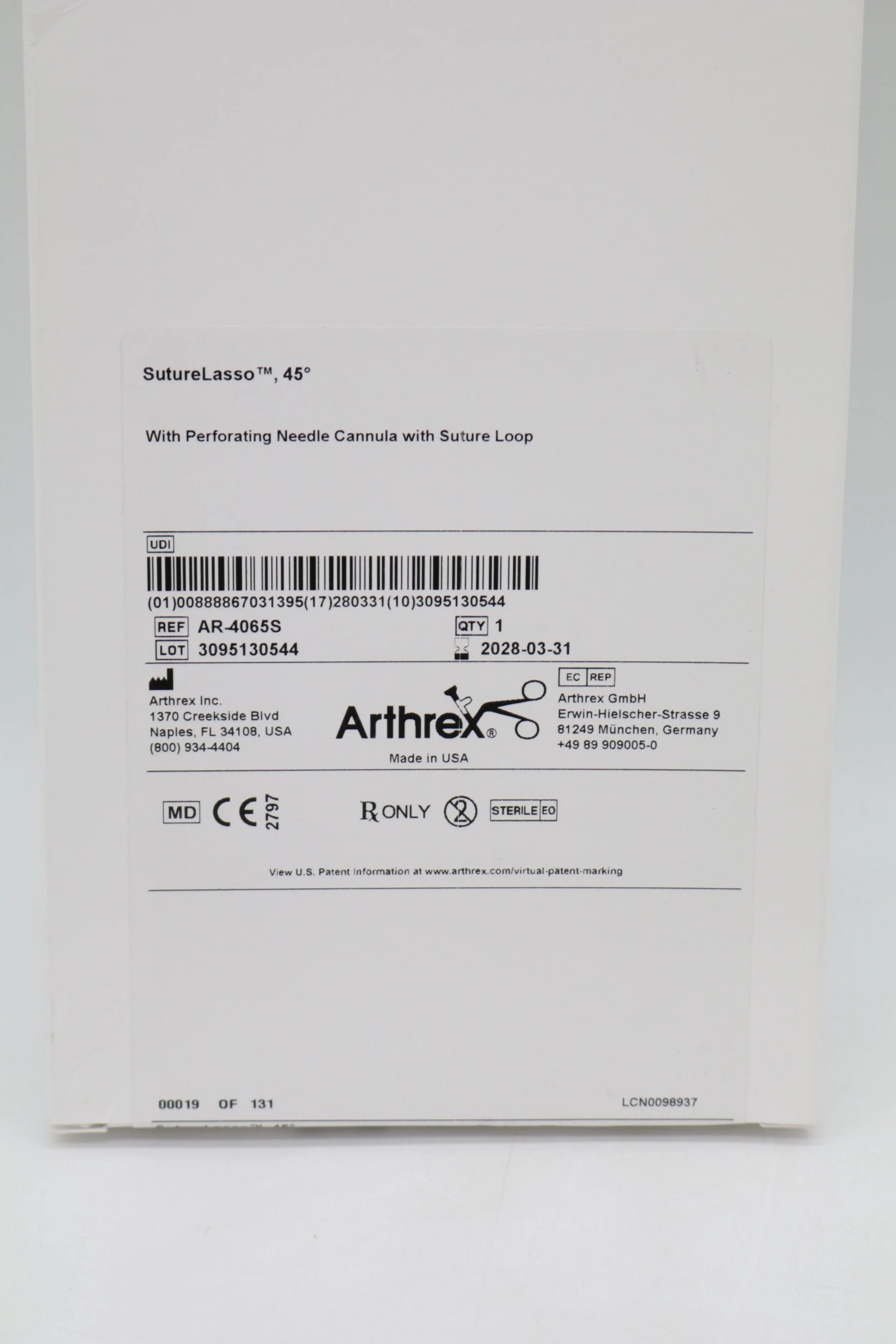 Arthrex | AR-4065S | SutureLasso 45° with Perforating Needle Cannula with Suture Loop