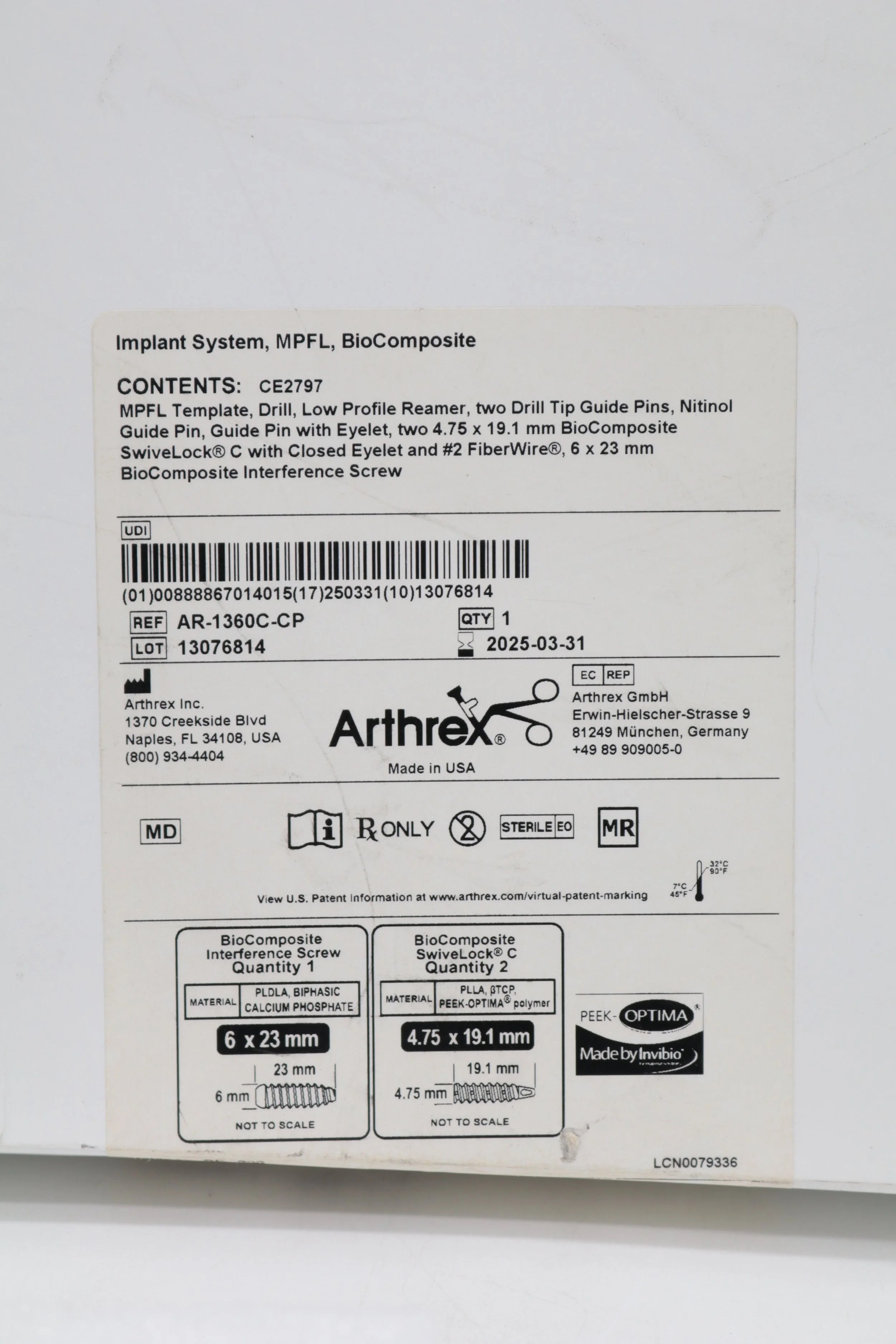 Arthrex | AR-1360C-CP | Biocomposite MPFL Implant System CE2797