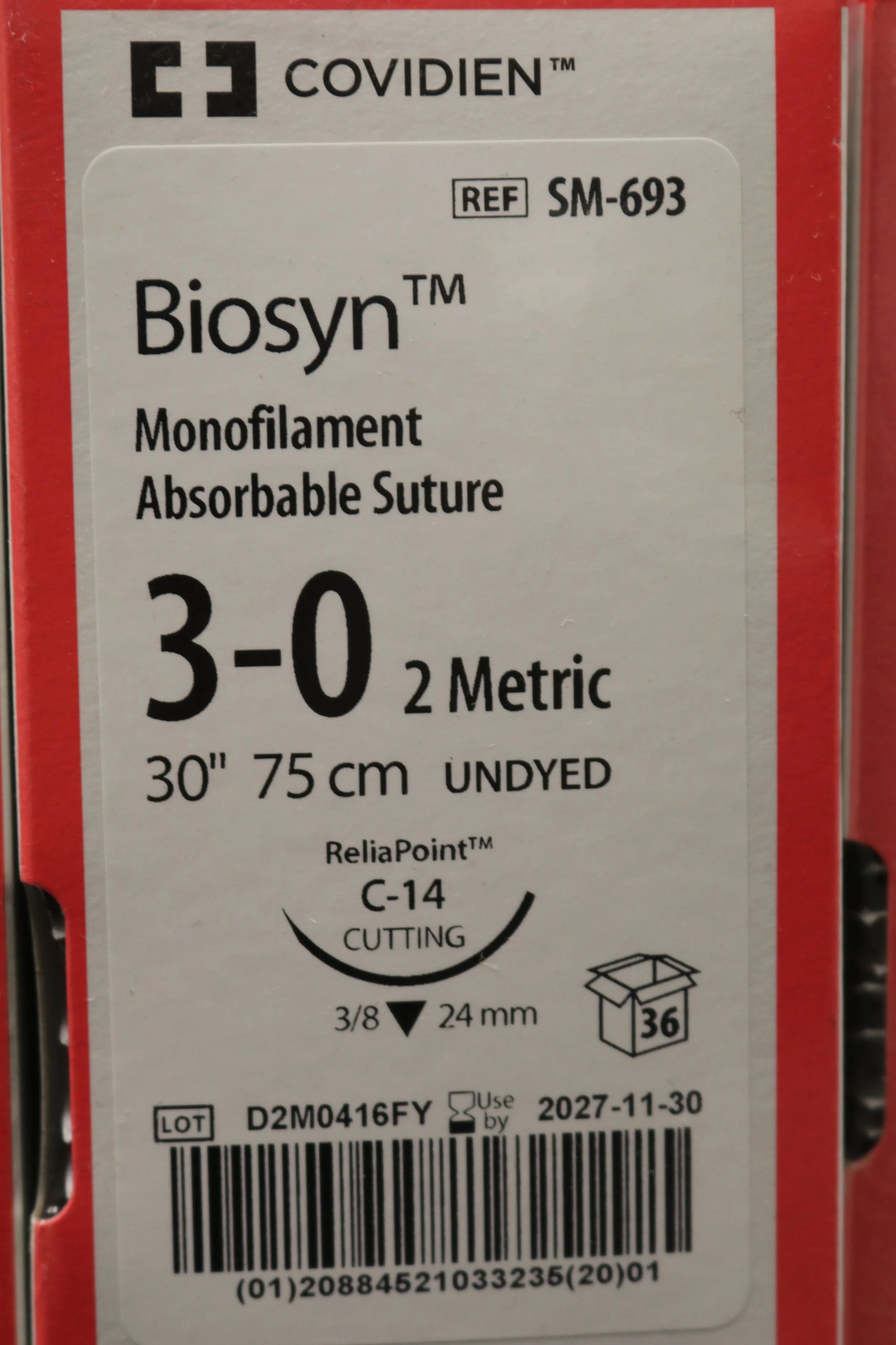 Covidien | SM-693 | Biosyn Monofilament Absorbable Suture 3-0 2 Metric 30" 75cm UNDYED