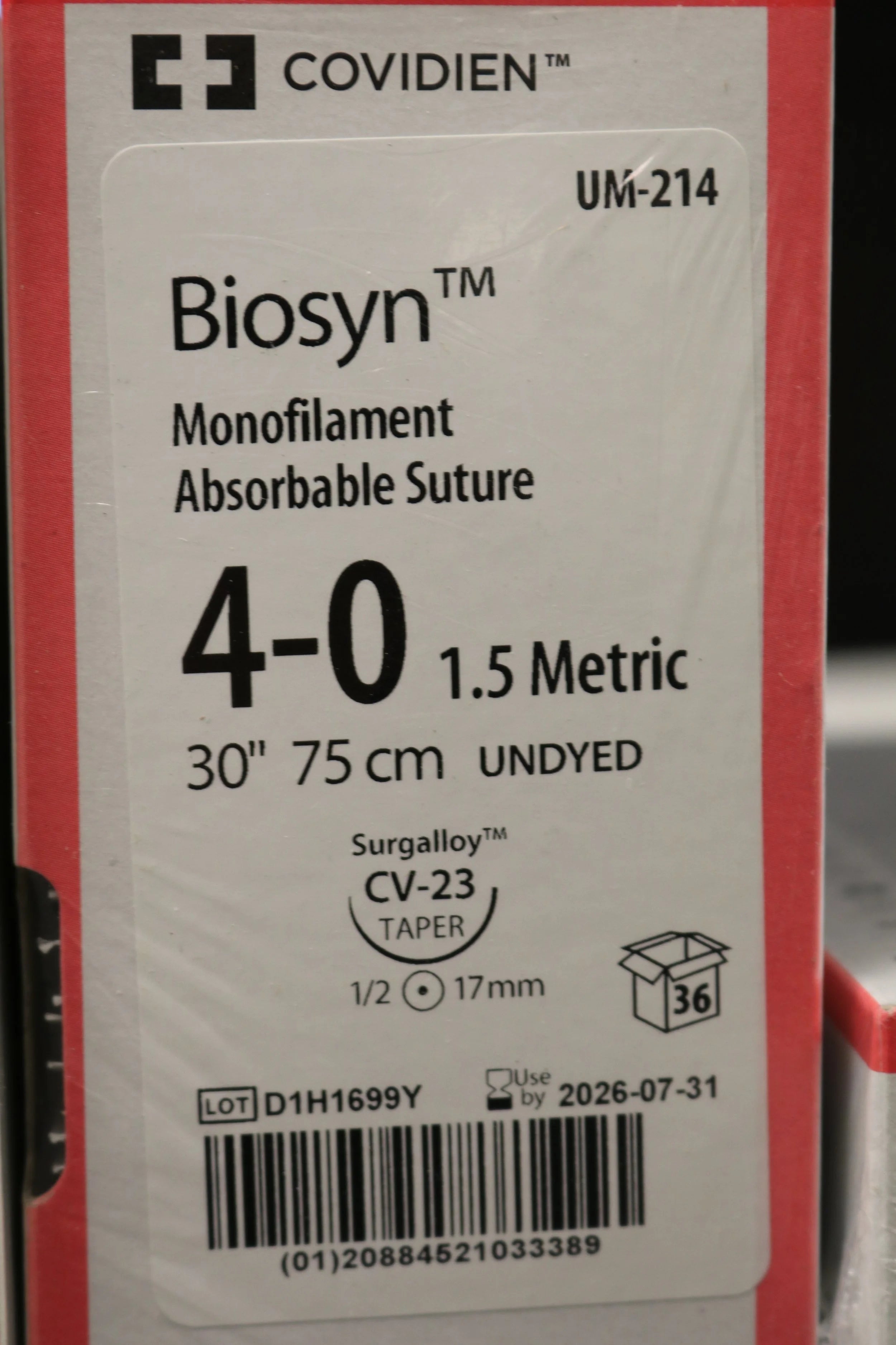 Covidien | UM-214 | Biosyn Monofilament Absorbable Suture 4-0 1.5 Metric 30" 75cm UNDYED