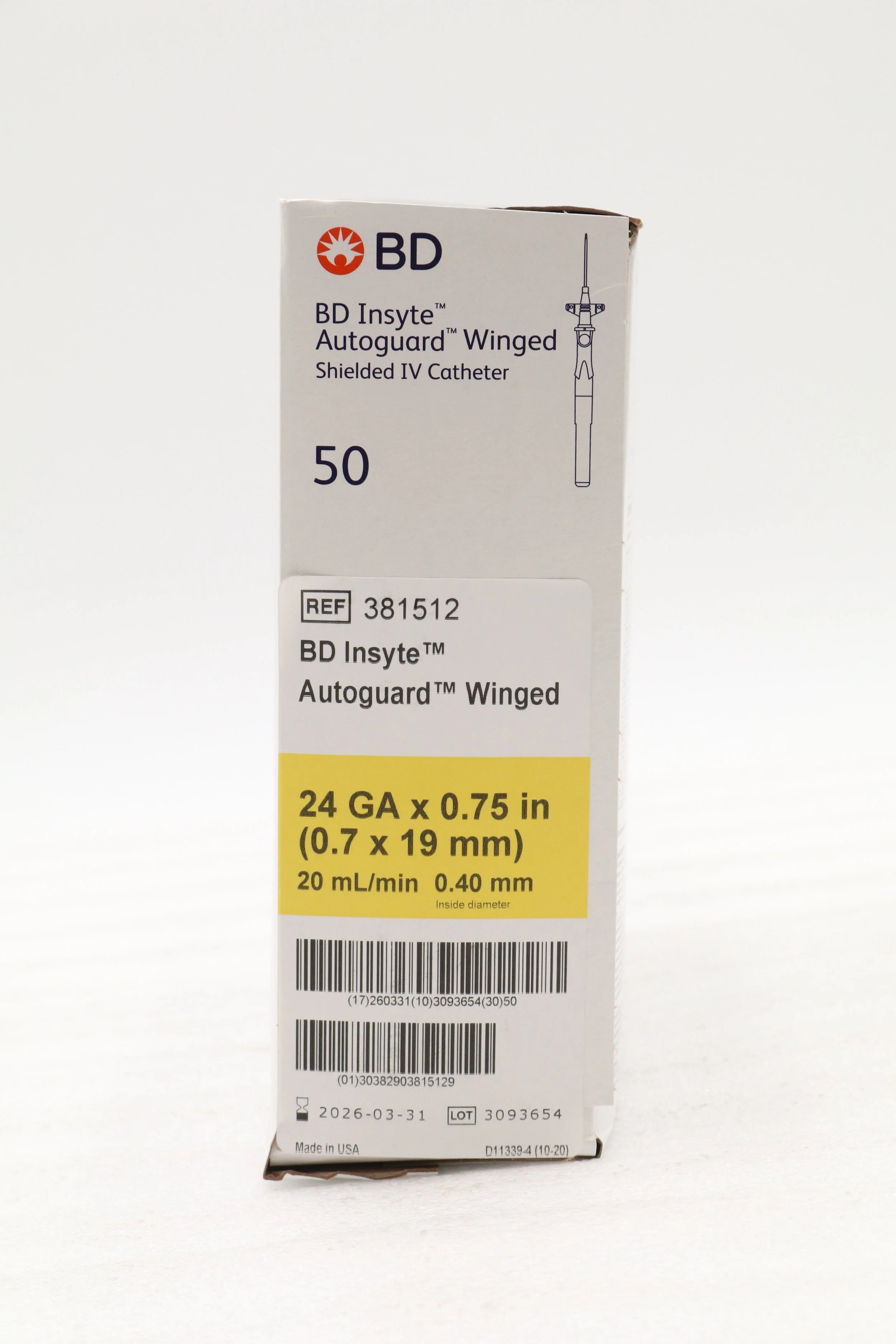 BD | 381512 | INSYTE Autoguard Shielded IV Catheter, Winged, 24 G x 0.75", Yellow