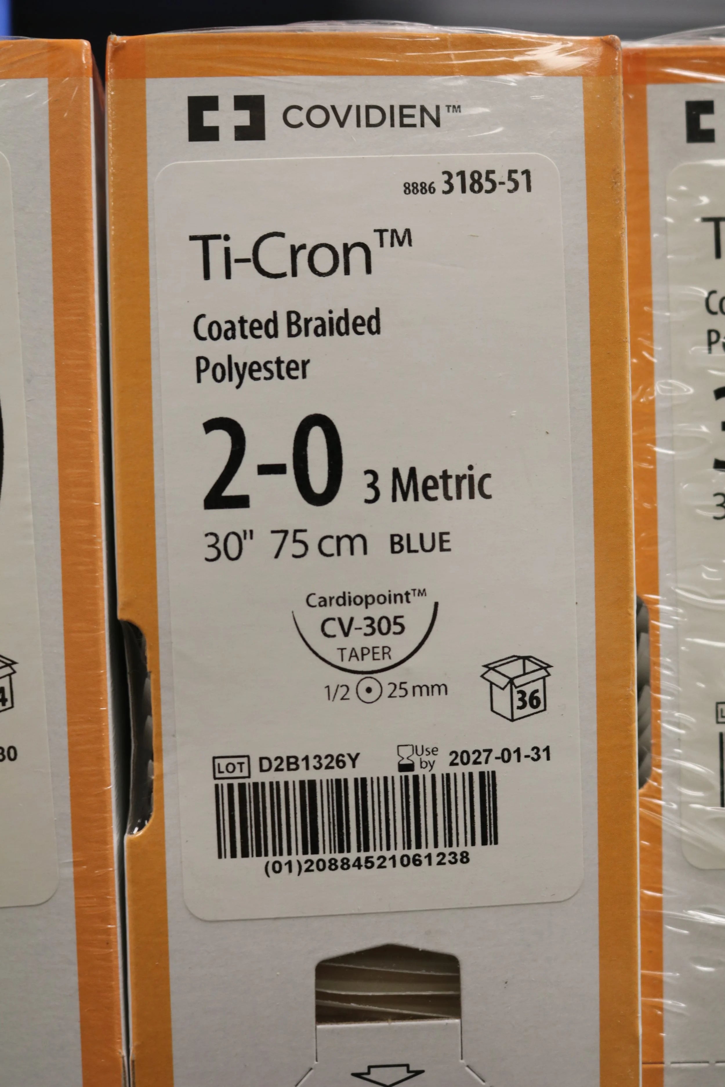 Covidien | 3185-51 | Ti-Cron Coated Braided Polyester 2-0 3 Metric 30" 75cm BLUE 31285-51