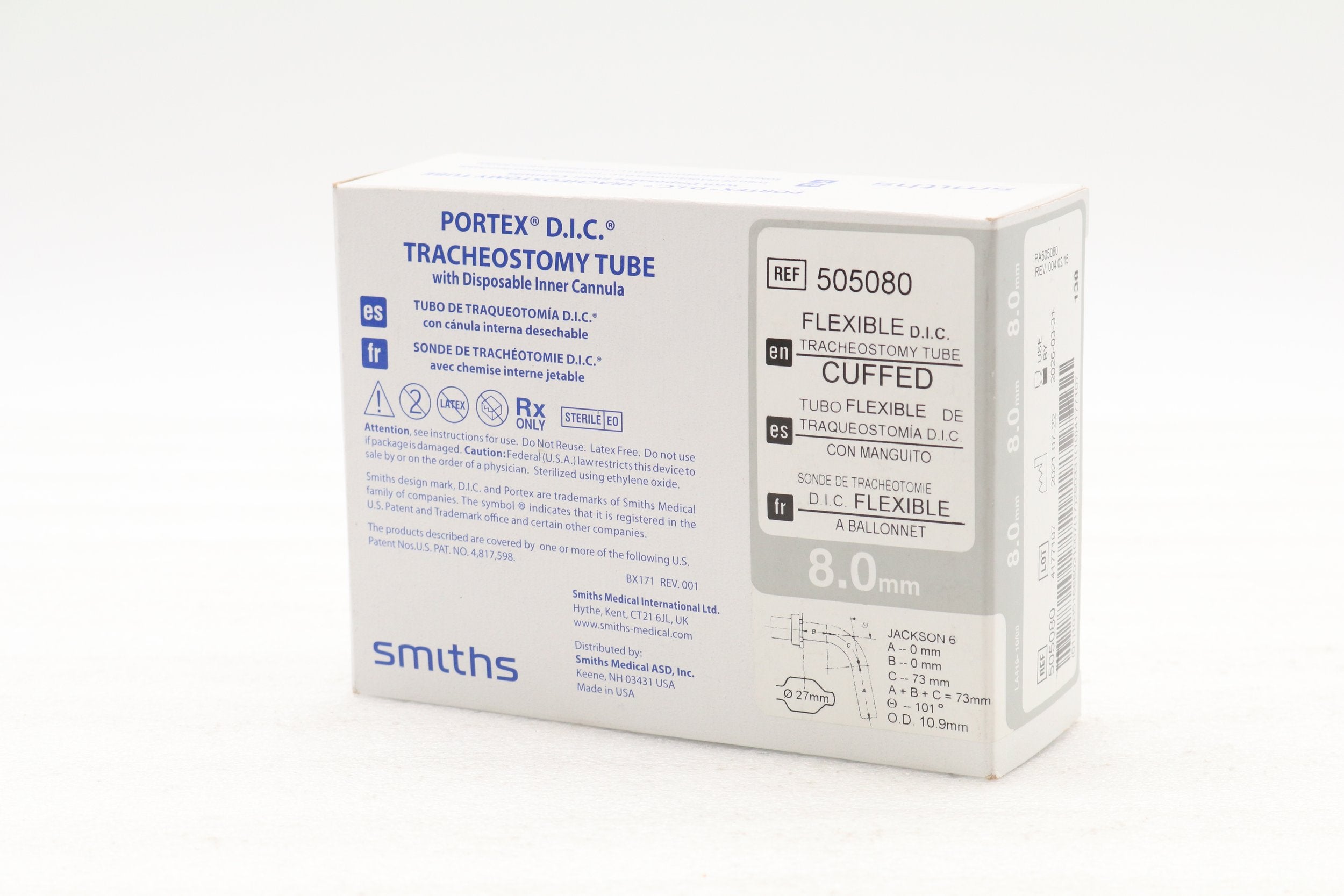 Smiths Medical | 505080 | TUBE TRACHEOSTOMY SIZE 8MM CUFFED 73MM SILICONIZED PVC FLEXIBLE NECK FLANGE WHITE 15MM