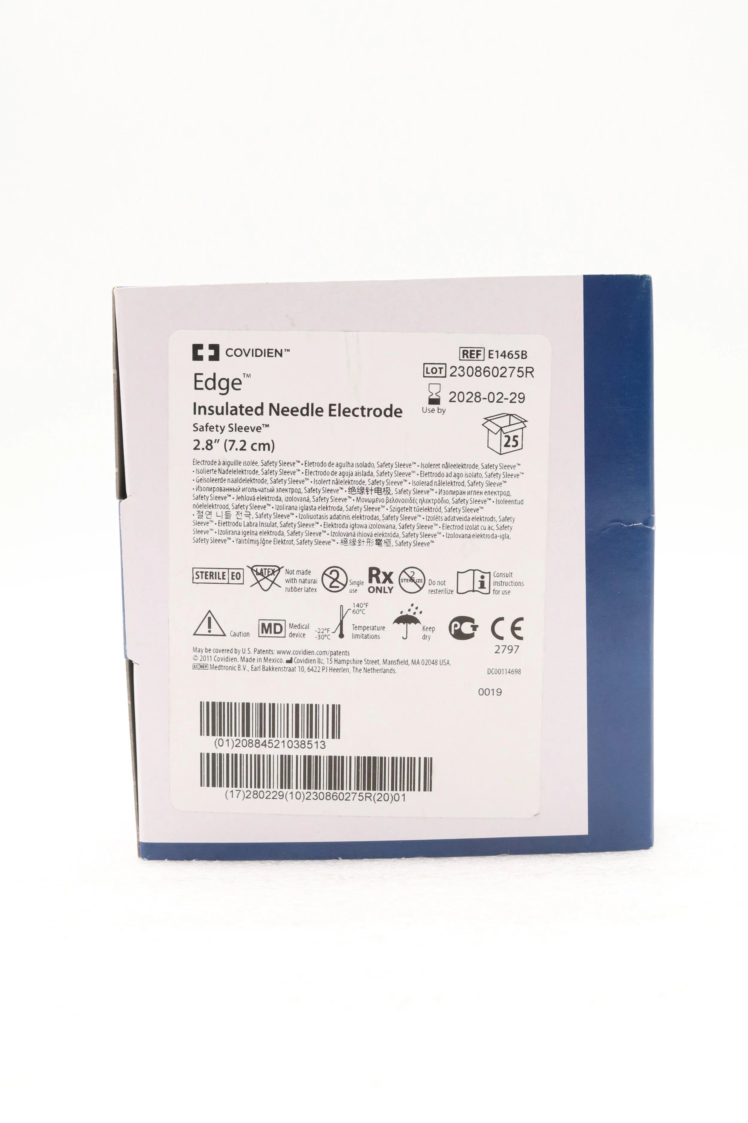 Covidien | E1465 | Sterile PTFE-coated Valleylab EDGE™ insulated needle electrode, 2.8″ (7.21 cm), for electrosurgical pencils—bendable, self-cleaning, disposable.