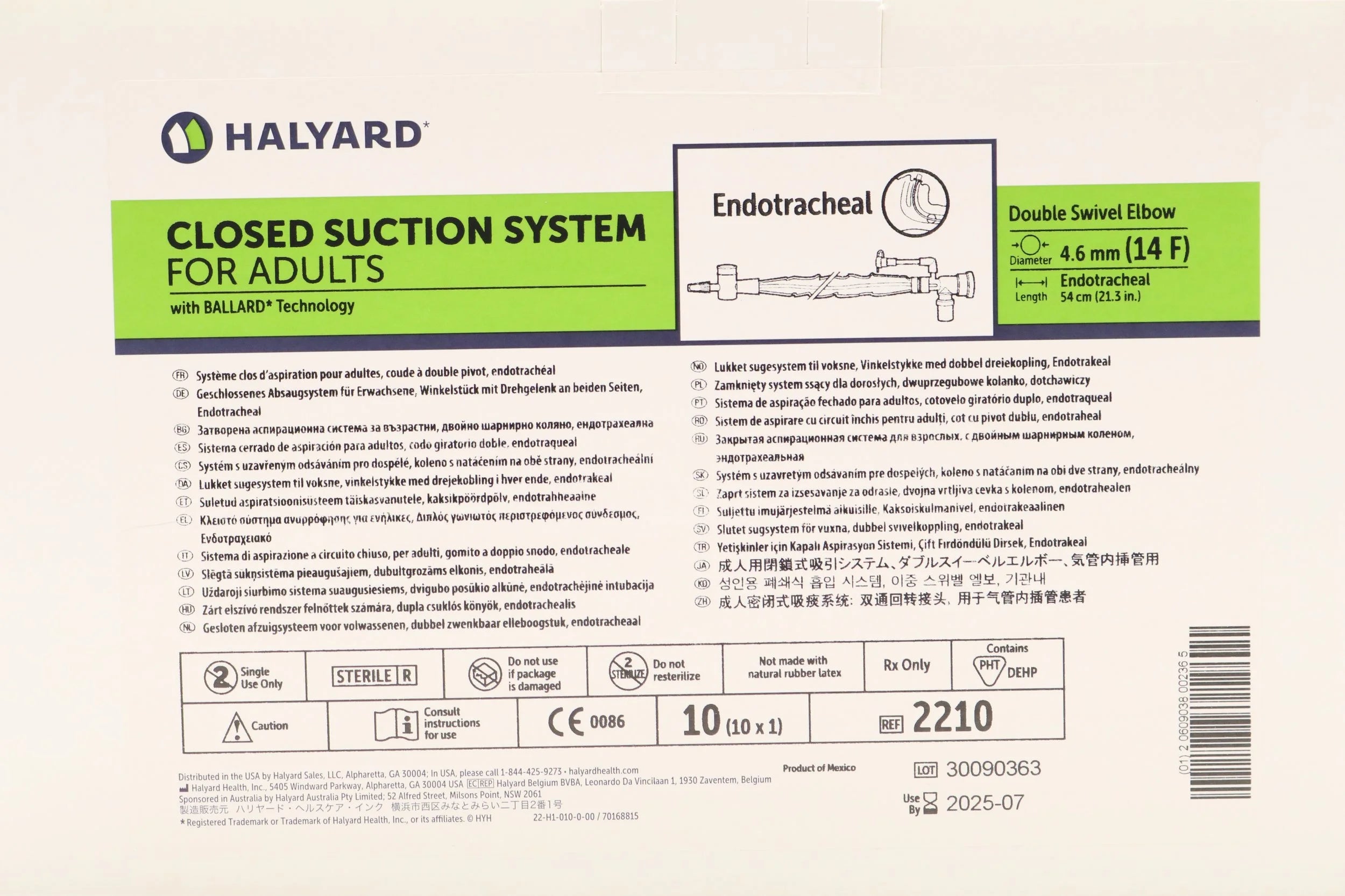Avanos Medical | 2210 | Adult Trach Care Closed Suction System Kit - Adult Trach Care Closed Suction System Kit for Endotracheal Tube, Double Swivel Elbow, 14 Fr x 54 cm (Halyard)