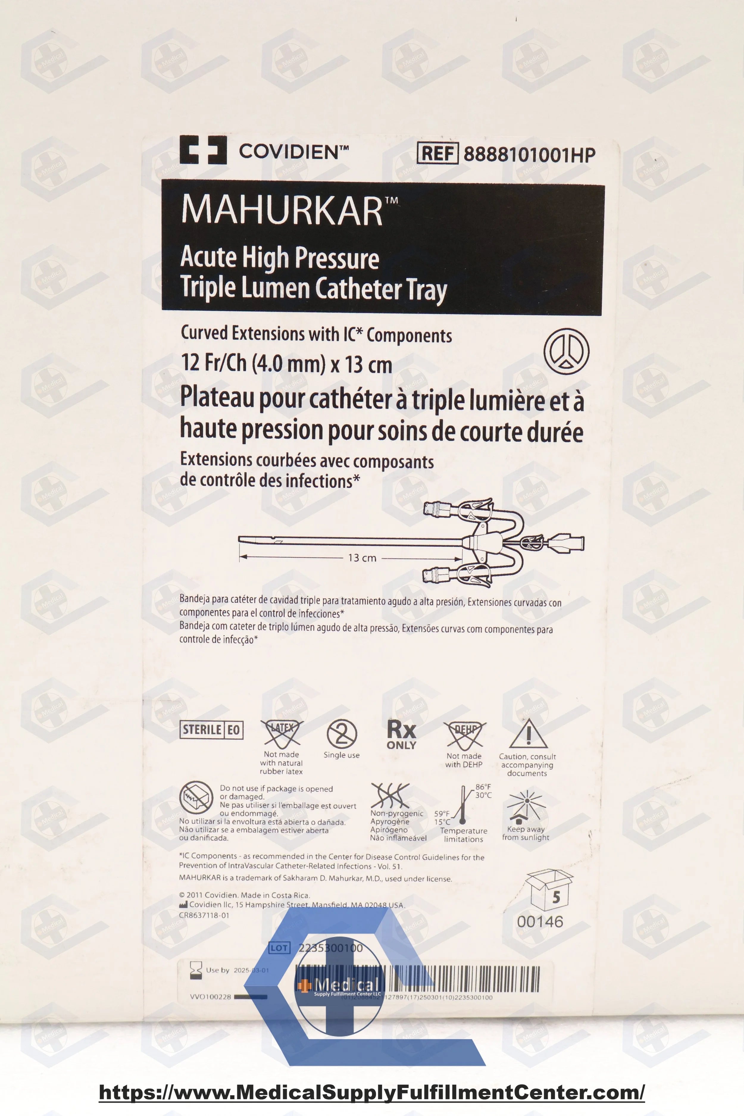 Covidien | 8888101001HP | Mahurkar 12F High Pressure Triple Lumen Dialysis Catheter 13cm, Curved, IC Tray
