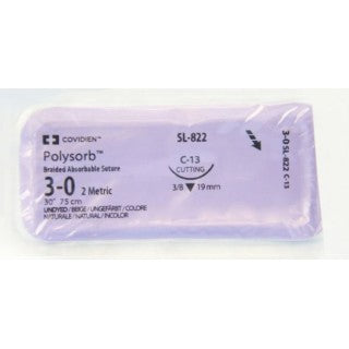 Covidien | SL‑822 | Polysorb braided absorbable suture, undyed, size 3‑0, 30″ (75 cm) length, C‑13 reverse‑cutting needle
