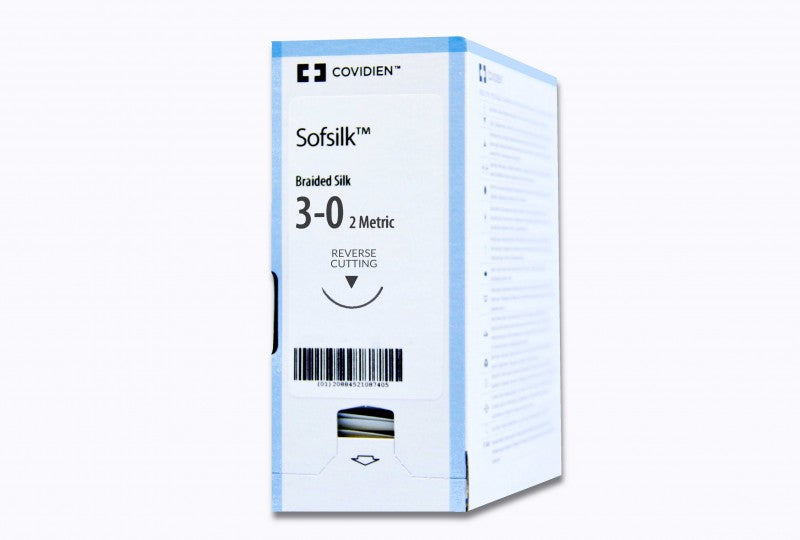 Covidien | SS-684 | Sofsilk braided silk non-absorbable suture, size 3-0, 18″ length, C-14 reverse-cutting needle